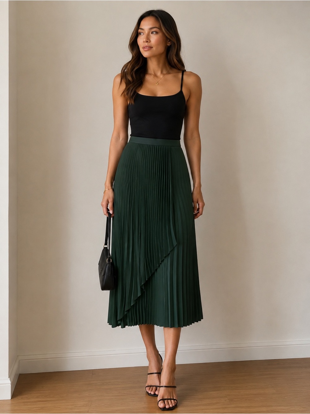 Women's Pleated Midi Skirt - Dark Green